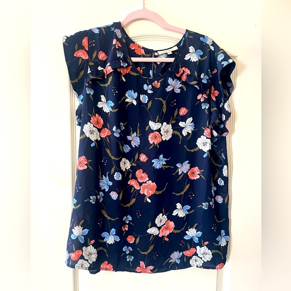 Les Serein Floral Print Navy Polyester Blouse Women’s size XL - Picture 1 of 12